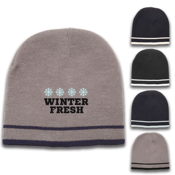 Double Striped Beanie w/ Custom Embroidery Logo Acrylic Cap