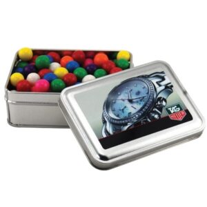 Gumballs in a metal gift box with lid