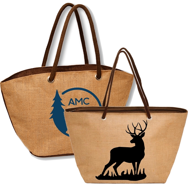 Laminated Basket Style Jute Bag w/ Zippered Closure